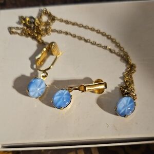 Vintage Gold-Tone Blue Glass Star Necklace & Clip Earrings Set